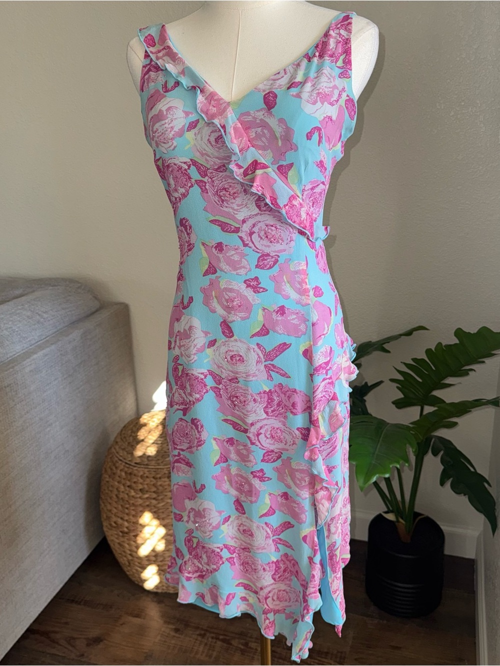 Vintage Dress Small Garden Floral Midi Y2K Ruffle Sleeveless Blue Pink 90s Fairy